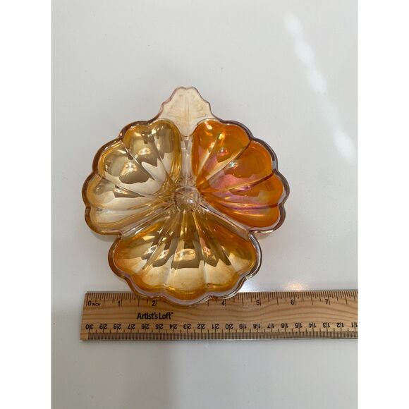 Vintage Carnival 6" Clover Divided Nut Plate Jeannette Amber Iridescent GlassEUC - Picture 4 of 5